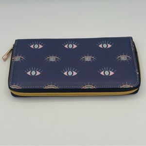 Evil Eye Celestial Eye Pattern Navy Blue Zip Around Wallet Gold Accent NWOT
